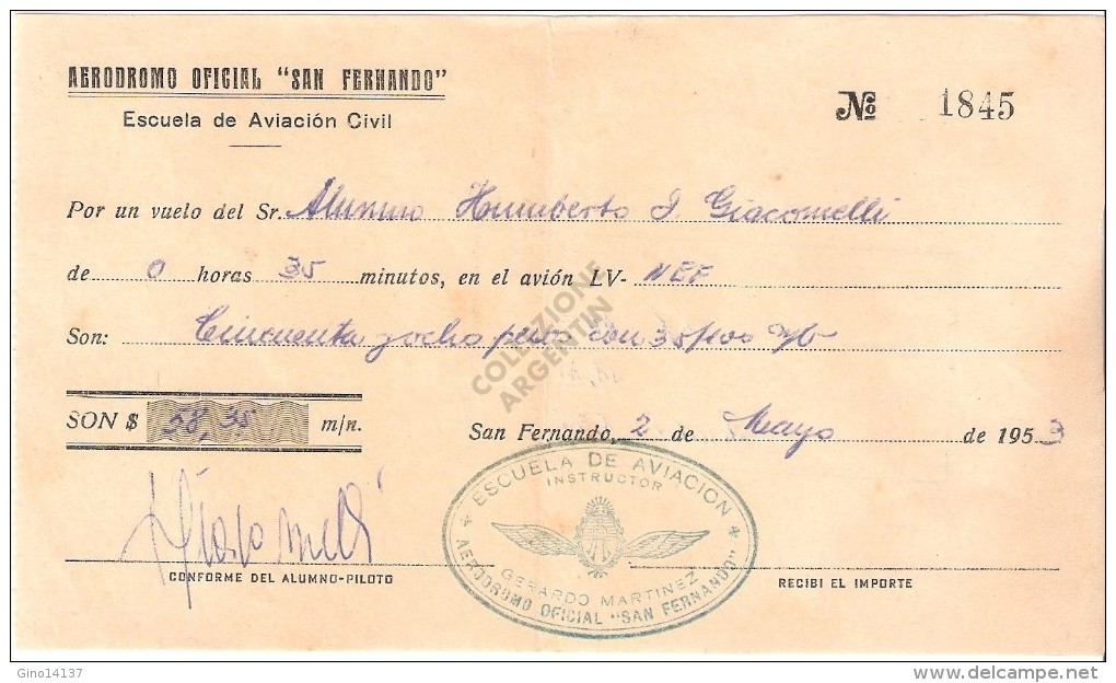 RICEVUTA Aerodromo Oficial San Fernando Per Un Volo Di 35 Minuti (2 Marzo 1953) - Altri & Non Classificati