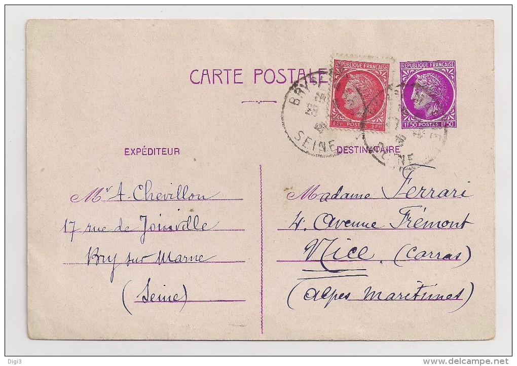 France, 1945-46, Carte Postale, Cérès De Mazelin, 1,50 F, Bry-sur-Marne (Seine), 28-10-46 - Standard- Und TSC-AK (vor 1995)