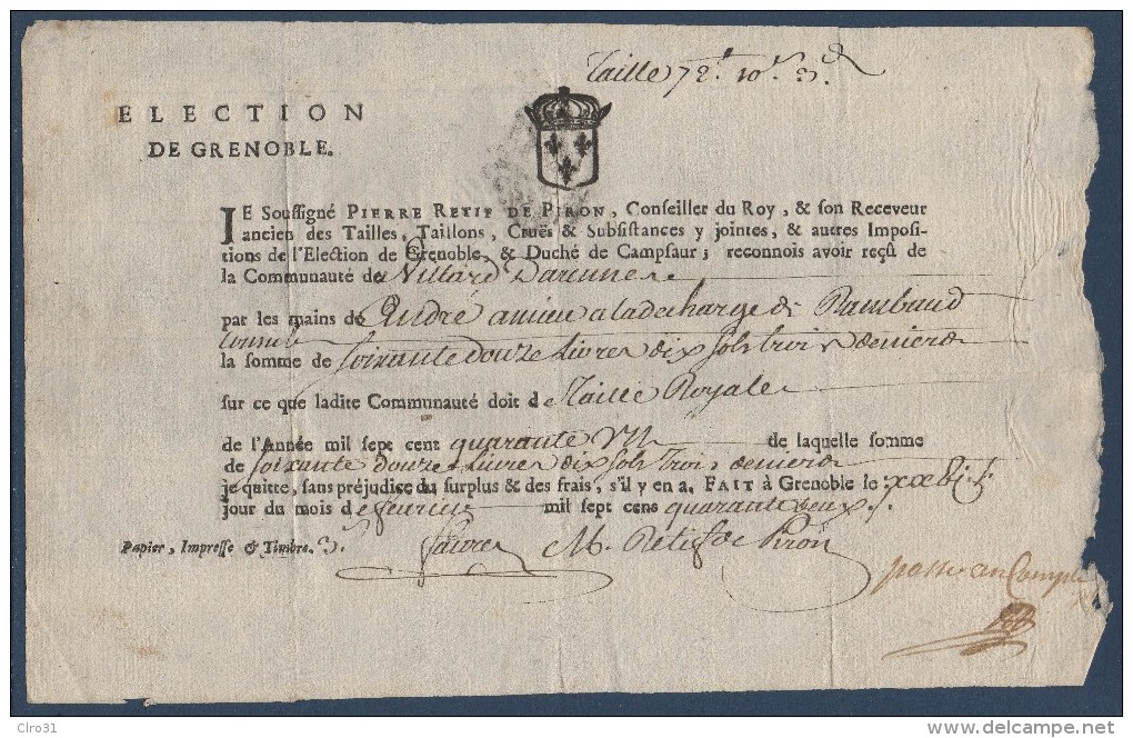 FR Doc De 1740 Reçu De La Perception De La Taille Royale D'une Commune Du Dauphiné - Historical Documents