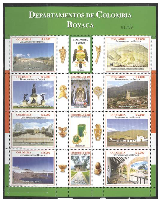 Colombia 2006 Sheet/12 Boyaca -artifacts,emerald,glacier,coa,landscapes #1266 - Colombia