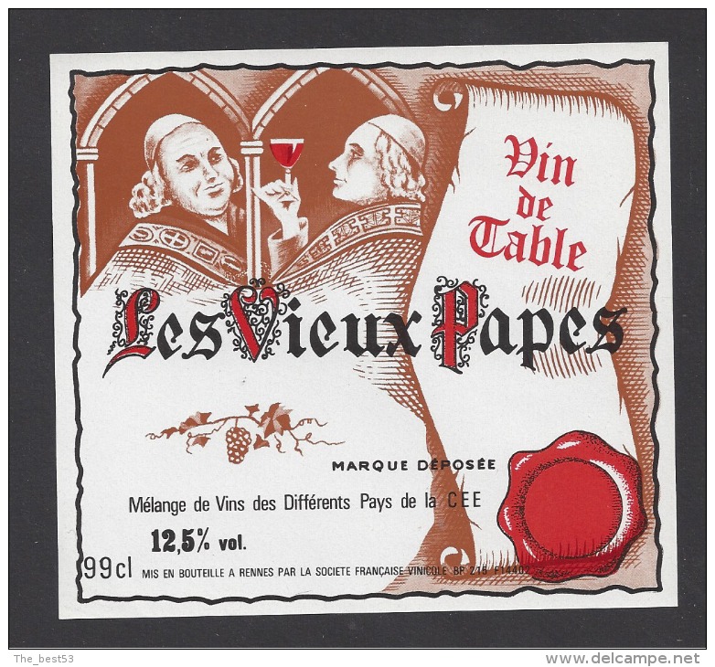 Etiquette De Vin De Table   -  Les Vieux Papes  -   Thème  Religion    -   Sté  Frse Vinicole  à Rennes (35) - Religiöses