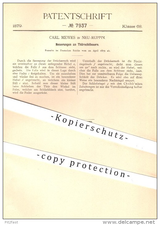 Original Patent - Carl Mewes In Neuruppin , 1879 , Türschlösser , Türschloss , Tür , Schloss , Schlosserei , Schlosser ! - Historische Dokumente