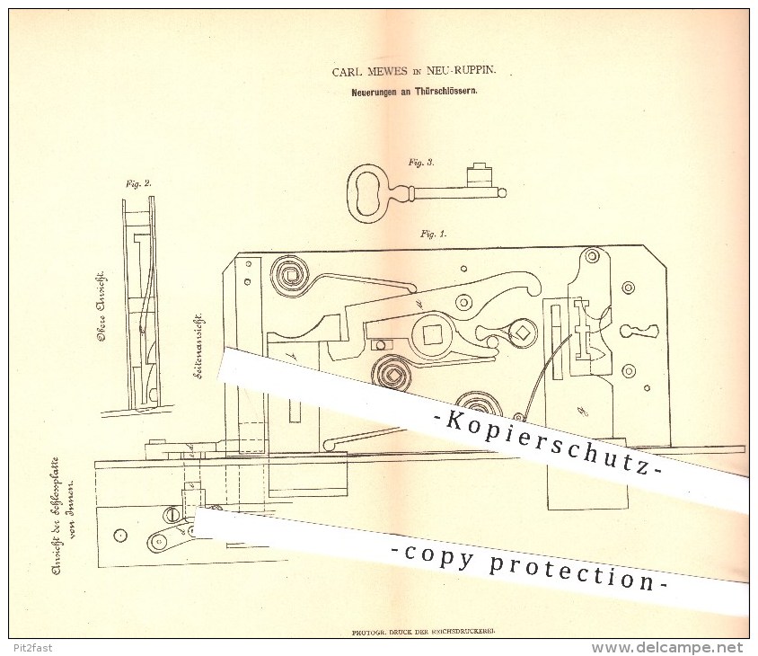 Original Patent - Carl Mewes In Neuruppin , 1879 , Türschlösser , Türschloss , Tür , Schloss , Schlosserei , Schlosser ! - Historische Dokumente