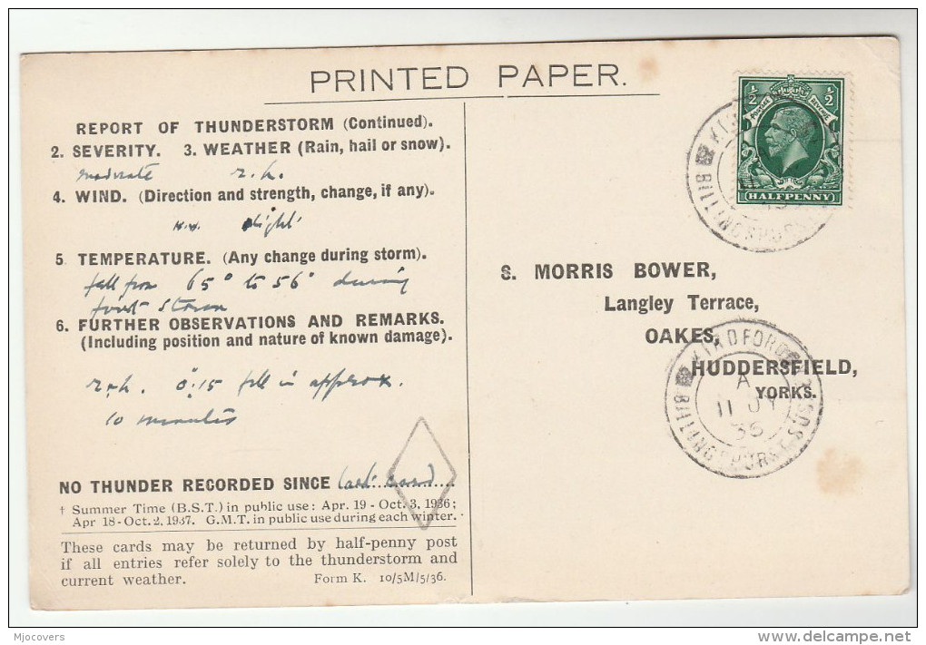 1936 KIRDFORD BILLINGSHURST Cds Pmk COVER Postcard METEOROLOGY Report  WEATHER STATION Re THUNDERSTORM Gb Gv Stamps - Climate & Meteorology