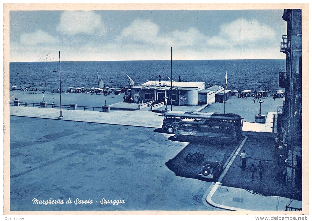 02742 "(BARLETTA) - MARGHERITA DI SAVOIA - SPIAGGIA" ANIMATA, TORPEDONI, AUTO ´50.  CART. SPED. 1955 - Barletta