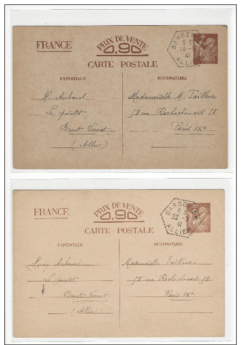 2 ENTIERS ENTIER POSTAL IRIS CARTE INTERZONE 1941 CAD HEXAGONAL PERLE BARBERIER ALLIER PARIS / FREE SHIPPING REGISTERED - 1921-1960: Période Moderne