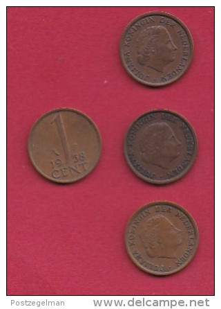 NEDERLAND, 1958, 4 Coins Of 1 Cent, Queen Juliana, Bronze, C2756 - 1948-1980 : Juliana