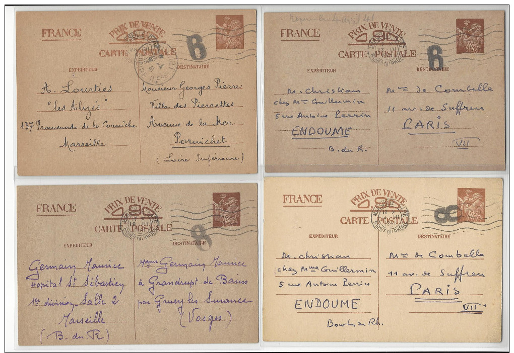 4 ENTIERS ENTIER POSTAL IRIS CARTE INTERZONE MARSEILLE GARE MARQUE CENSURE 6 ET 8 ENDOUME /FREE SHIPPING REGISTERED - 1921-1960: Période Moderne