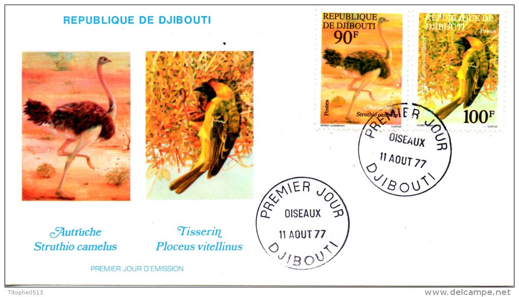 DJIBOUTI. N°463-4 De 1977 Sur Enveloppe 1er Jour. Autruche/Tisserin. - Autruches