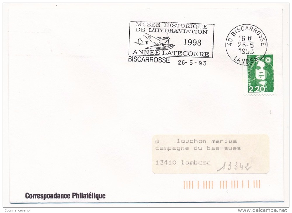 OMEC S/enveloppe => Musée Historique De L'Hydraviation 1993 Année Latécoère - BISCAROSSE 1993 - Roulette 2,20 Briat - Briefmarkenausstellungen