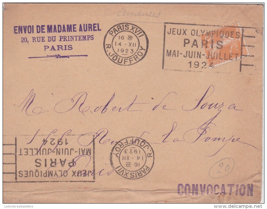 Lettre Jeux Olympique 1924 De La Rue Jouffroy - Summer 1924: Paris