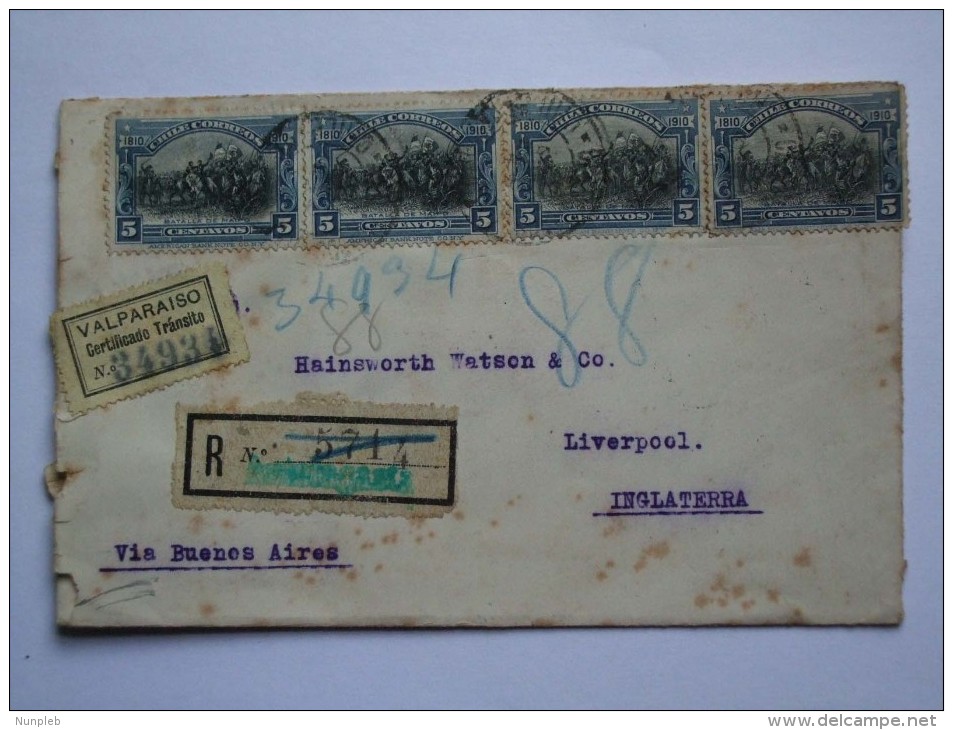 CHILE 1911 REGISTERED COVER FROM VALPARAISO VIA BUENOS AIRES TO LIVERPOOL - Chile