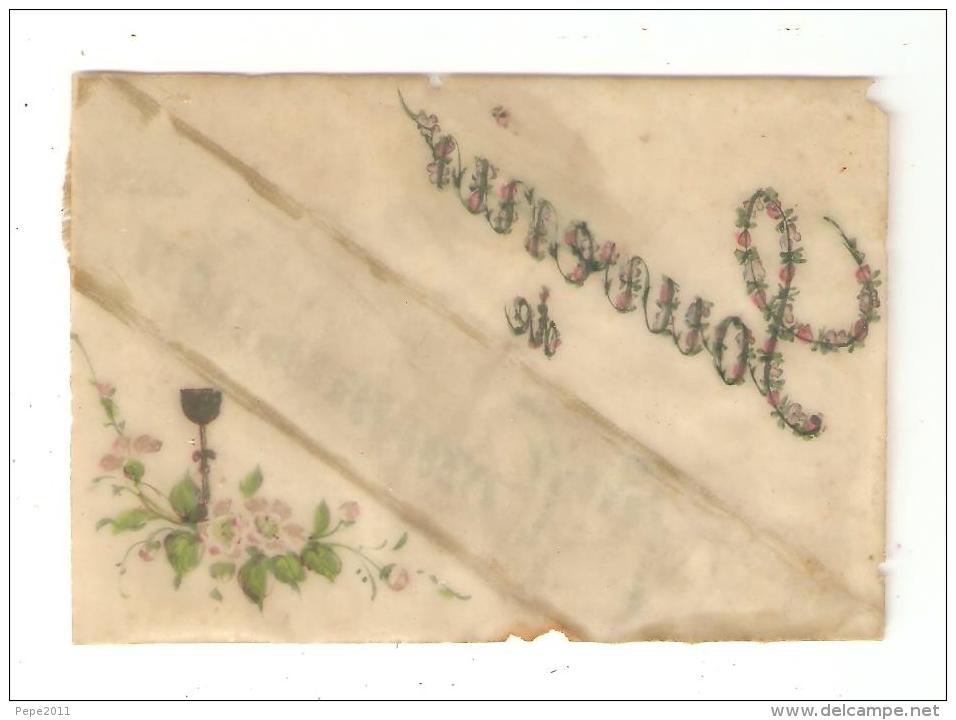 CPA Sur Rhodoïd : Souvenir 1ère Communion : Lettres Peintes Avec Ajoutis  Ruban Peint Imitation Broderie Calice Fleurs - Comunioni
