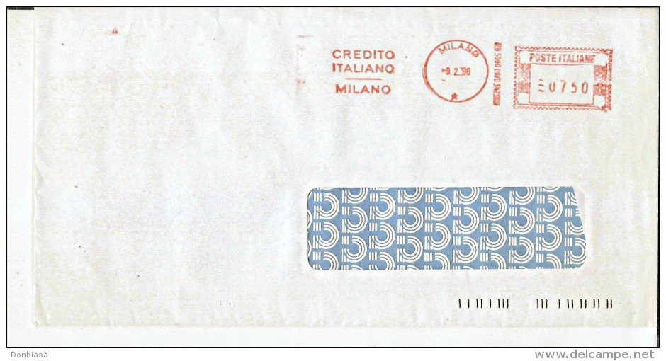 Credito Italiano (Milano): Affrancatura Meccanica (EMA) Lire 750 Su Busta Viaggiata 09/02/1996 - Macchine Per Obliterare (EMA)