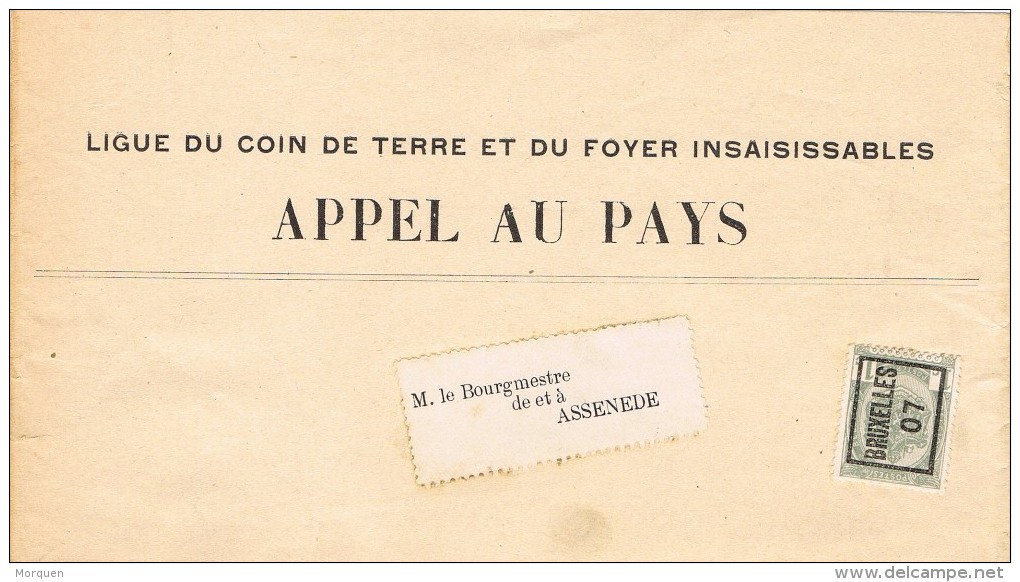 15523. Faja Publicacion Preobliterado  BRUXELLES (Belgien) 1907. Roulotte. APPEL Au PAYS - Rolstempels 1900-09