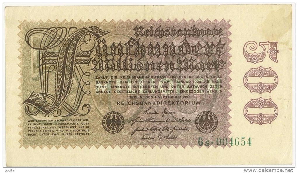 GERMANIA - GERMANY -  500 Million Mark Bank Note 1923 - PERIODO INFLAZIONE - 6s. 004654 - STAMPA SOLO AL VERSO - SPL - 500 Miljoen Mark