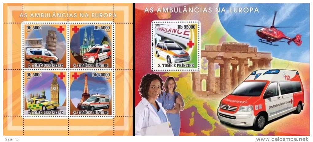 S. Tomè 2008, Ambulances Of Europe, Red Cross, 4val In BF +BF - Secourisme