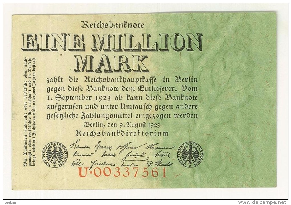 GERMANIA -  REICHSBANKNOTE EINE MILLION MARK 1923 - PERIODO INFLAZIONE - U.00337561 - STAMPA SOLO AL VERSO - SPL - 1 Miljoen Mark