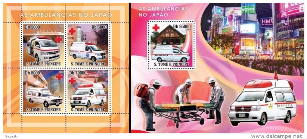 S. Tomè 2008, Ambulances Of Japan, Red Cross, 4val In BF +BF - First Aid