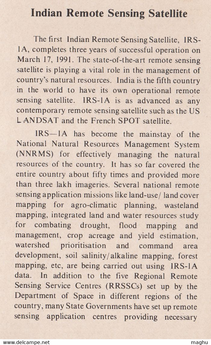 Information On  Indian Remote Sensing Satellite, Space, Climate Study, Agriculture, Water, Map, India 1991, - Asie