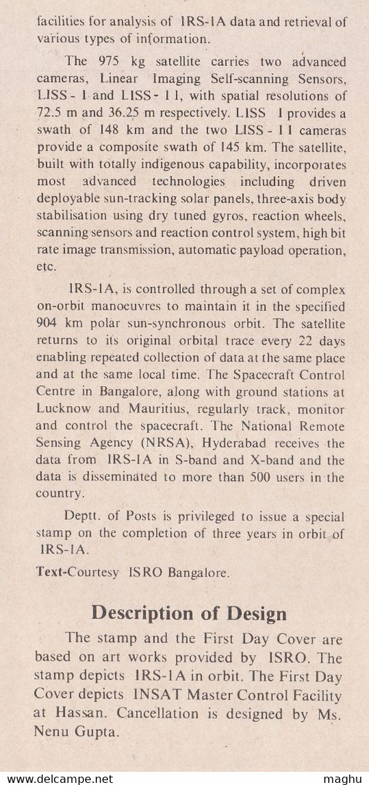 Information On  Indian Remote Sensing Satellite, Space, Climate Study, Agriculture, Water, Map, India 1991, - Asia