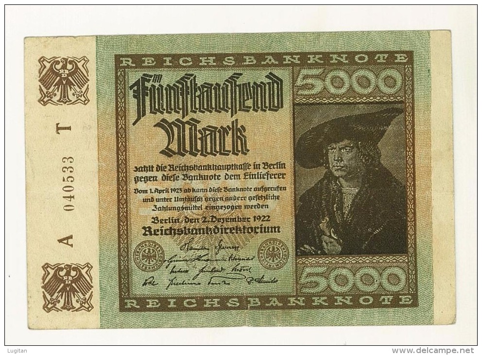 GERMANIA - 5000 Mark, Reichsbanknote 1923 - PERIODO INFLAZIONE - A 040533 T - SPL - 5000 Mark