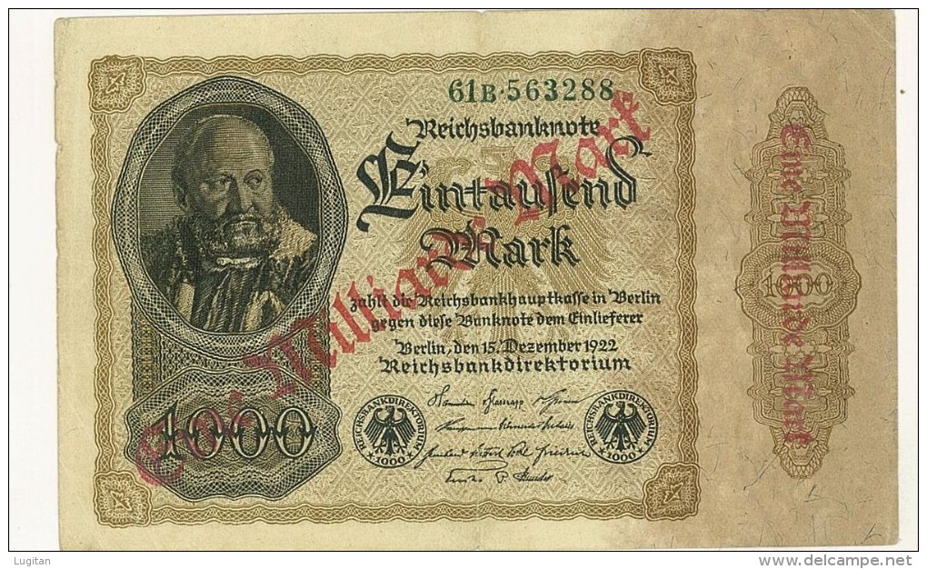 GERMANIA - 1 MILLIARDE Mark, Reichsbanknote 1922 - PERIODO INFLAZIONE - 61B563288 - FORTE PIEGA AL CENTRO - 1 Milliarde Mark