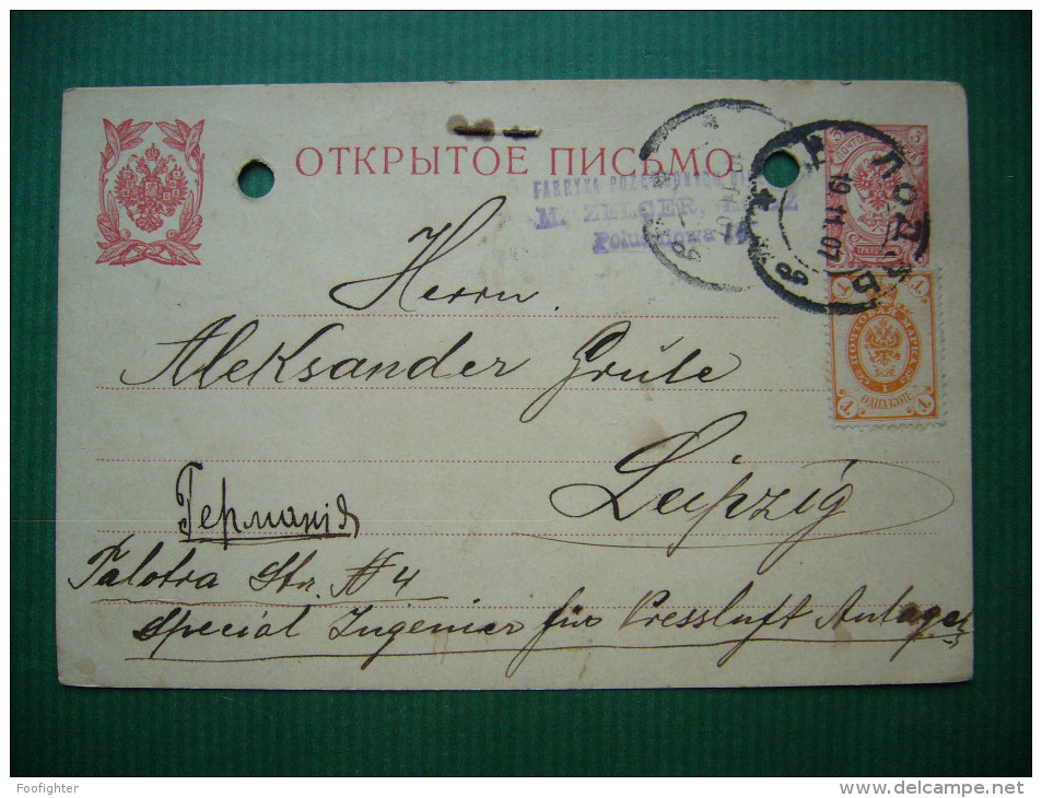 Russia 1907: Stationery Entier Ganzsache Postcard LODZ (fabryka Pozloconych Biletow M.Zelcer) - LEIPZIG, Eingetragen - Stamped Stationery