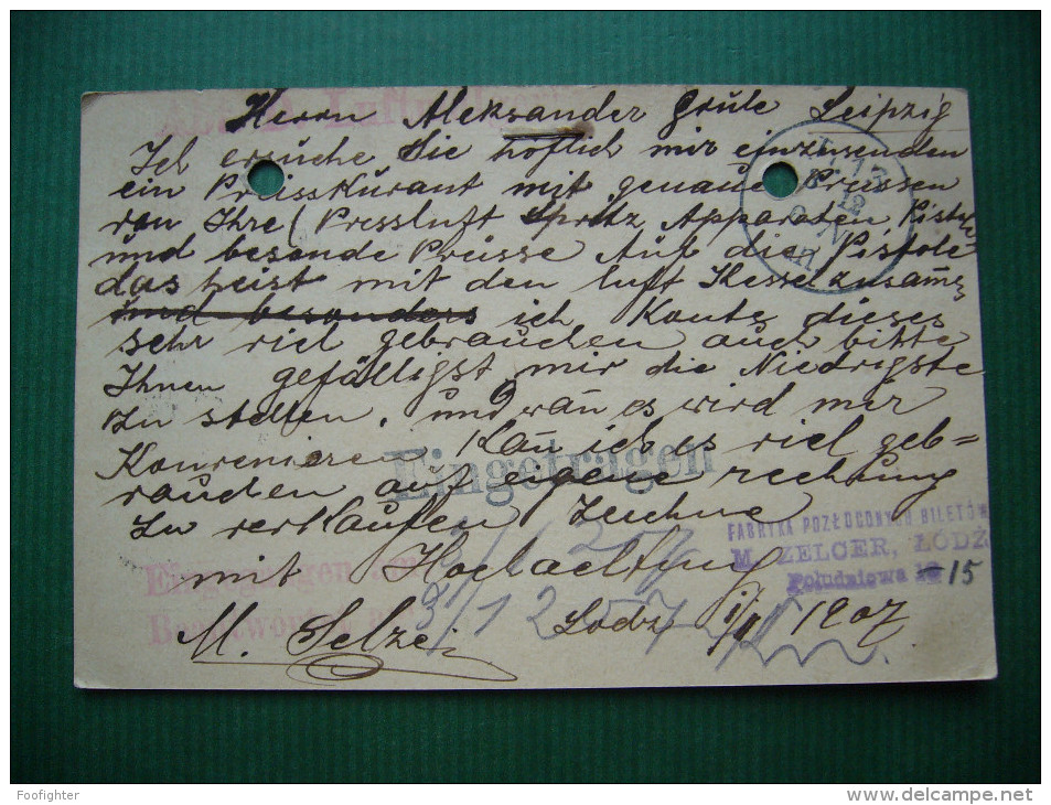 Russia 1907: Stationery Entier Ganzsache Postcard LODZ (fabryka Pozloconych Biletow M.Zelcer) - LEIPZIG, Eingetragen - Stamped Stationery