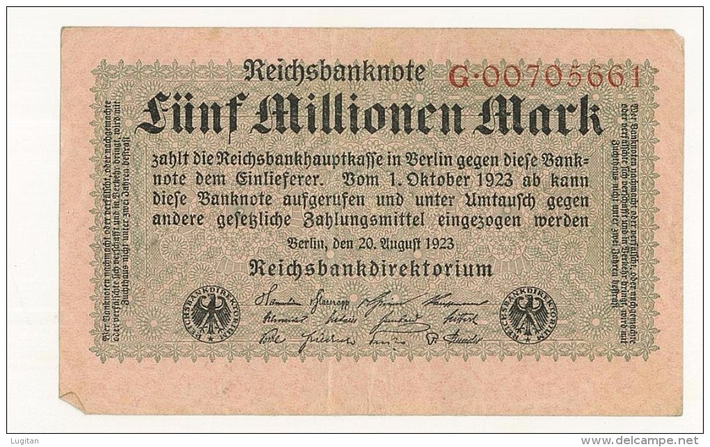 GERMANIA - 5 Millionen Mark 1923 - PERIODO INFLAZIONE - G.00705661 - PIEGA AL CENTRO - 5 Mio. Mark