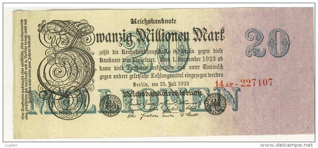 GERMANIA - 20 Millionen Mark 1923 - PERIODO INFLAZIONE - 14AF 227107 - PIEGA AL CENTRO - 20 Miljoen Mark