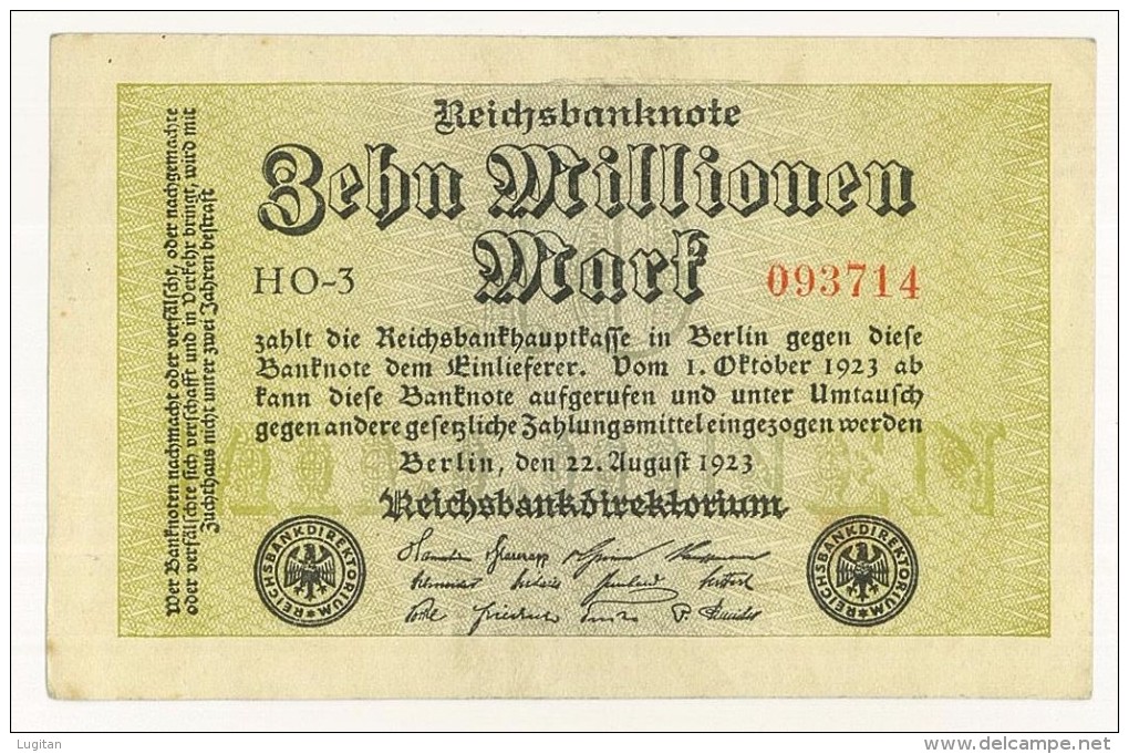 GERMANIA - 10 Millionen Mark 1923 - PERIODO INFLAZIONE - HO - 3 093714 - SPL - STAMPA SOLO AL VERSO - 10 Mio. Mark