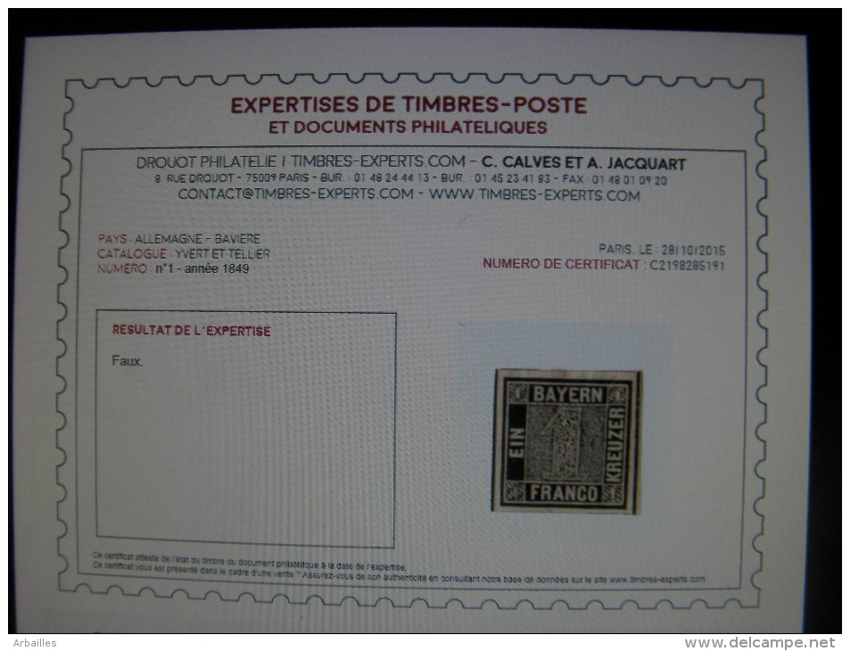 Baviere.Bayern. N°1, 1849. Faux Ancien. Expertise A L´appui. - Otros & Sin Clasificación