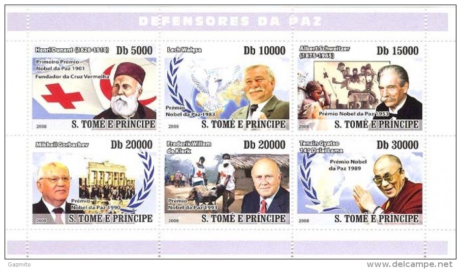 S. Tomè 2008, Nobel Prices, H. Dunandt, Red Cross, A. Schweitzer, Dalai Lama, 6val In BF - Henry Dunant