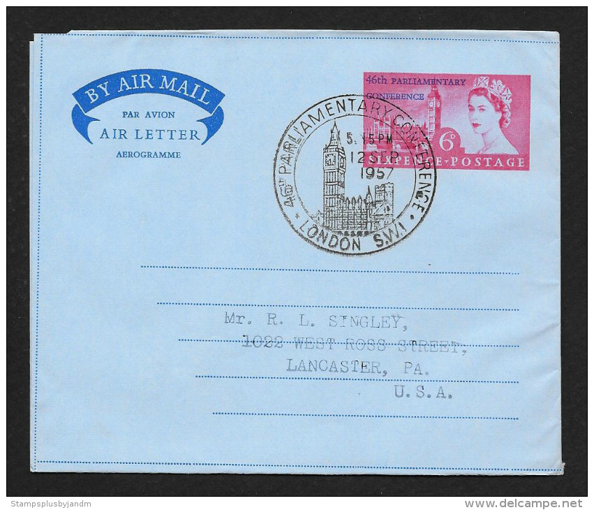 GREAT BRITAIN Aerogramme 6d Queen 46th Parliamentary Conference 1957 London Cancel To USA! STK#X20736 - Stamped Stationery, Airletters & Aerogrammes