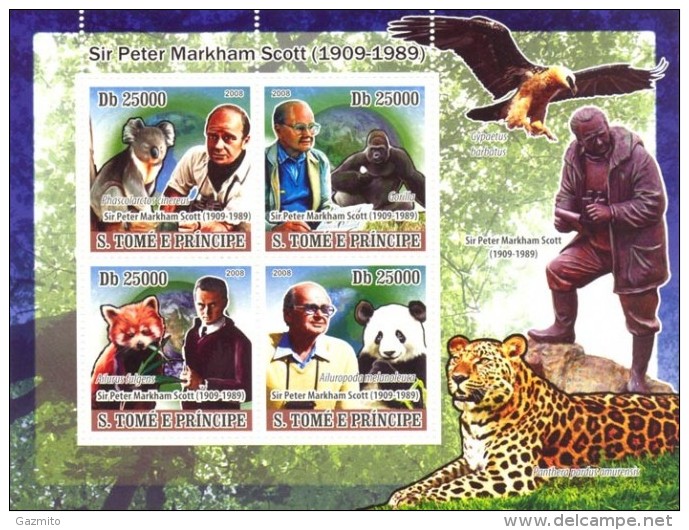 S. Tomè 2008, P.M.Scott, Gorilla, Felin, Panda, Bird Of Prey, Koala, 4val In BF - Gorilla's