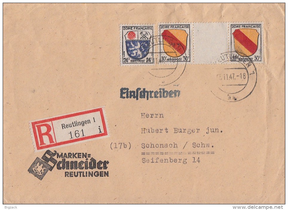 Fr. Zone R-Brief Mif Minr.9, 2x 10 Zw Reutlingen 5.11.47 - Sonstige & Ohne Zuordnung