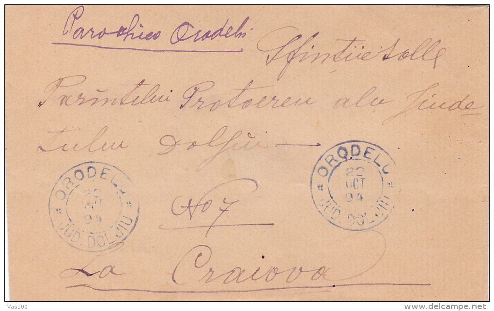 Romania/Moldova &amp; Principality -Official Letter Circulated In 1894 From ORODELU At CRAIOVA. - ...-1858 Prephilately