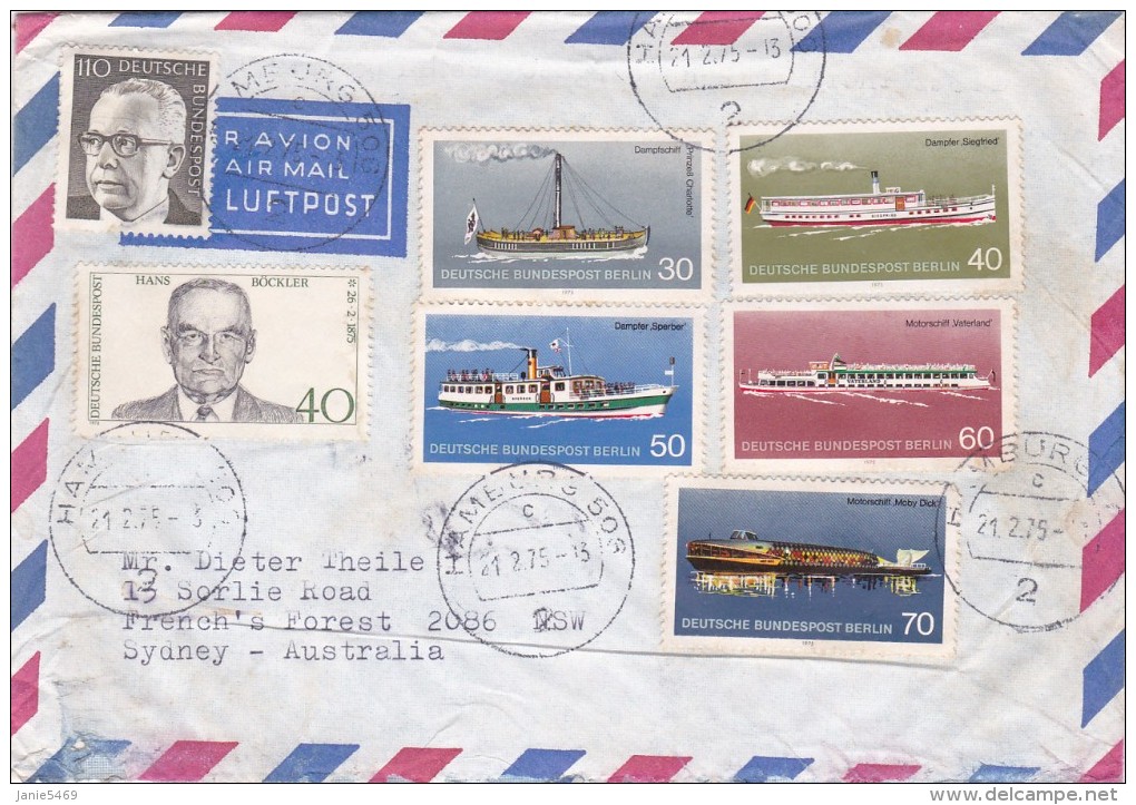 Germany 1975 Cover Sent To Australia. Transports And Other,stamps - Used Stamps