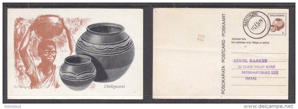 Bophuthatswana: 3c Postal Card, Dinkwana (water Pot), Used RADITHUSO 17. I .79,  . A.H.Barrett (artist) - Afrika