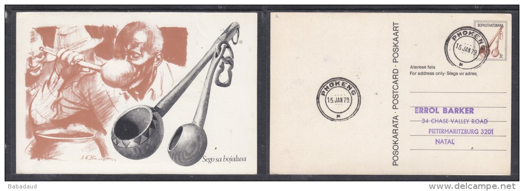 Bophuthatswana: 3c Postal Card, Sego Sa Bojalwa ( Ladel) Used PHOKENG 15 JAN 79,  . A.H.Barrett (artist) - Afrique