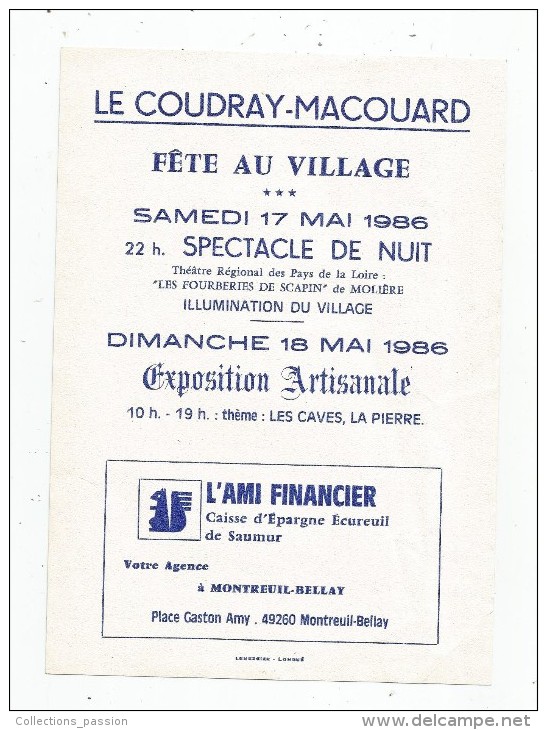 Programme , LE COUDRAY-MACOUARD , Fêta Au Village , 1986 , Publicité Caisse D'Epargne Ecureuil - Programmi