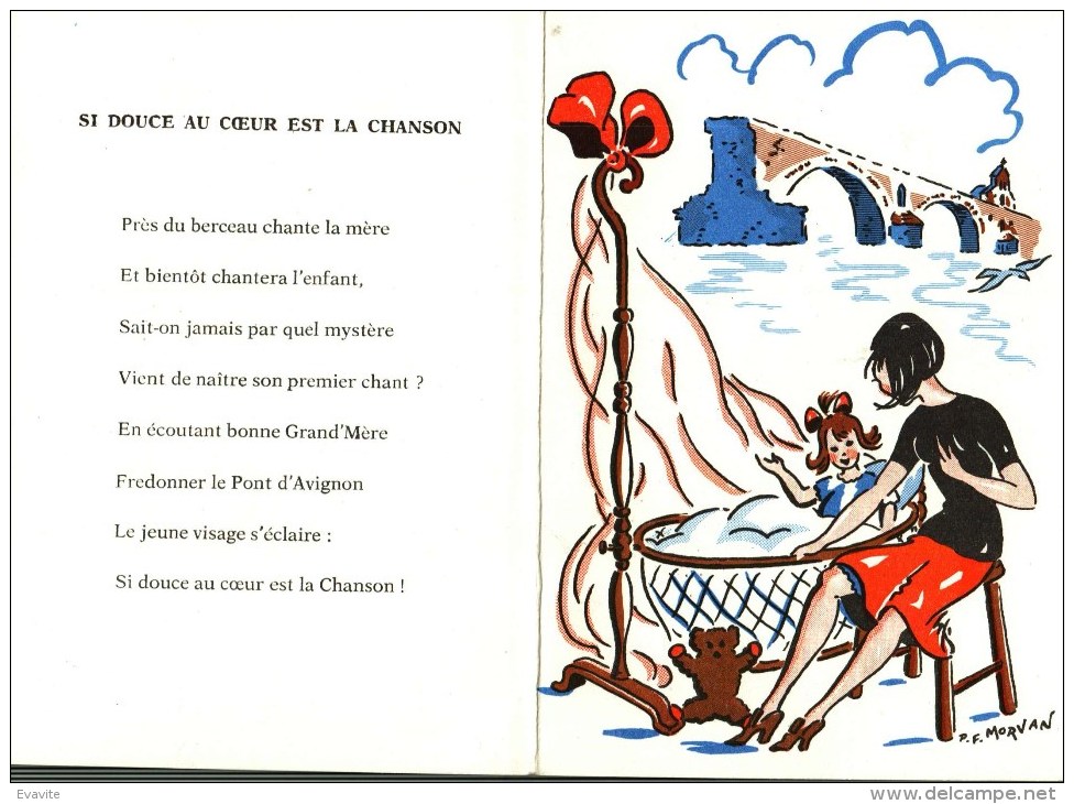 CP Double  Fantaisie -   Illustration P.F. Morvan   -   Paysage, Enfant, Maman, Petit Ours - Poème Au Verso - Morvan