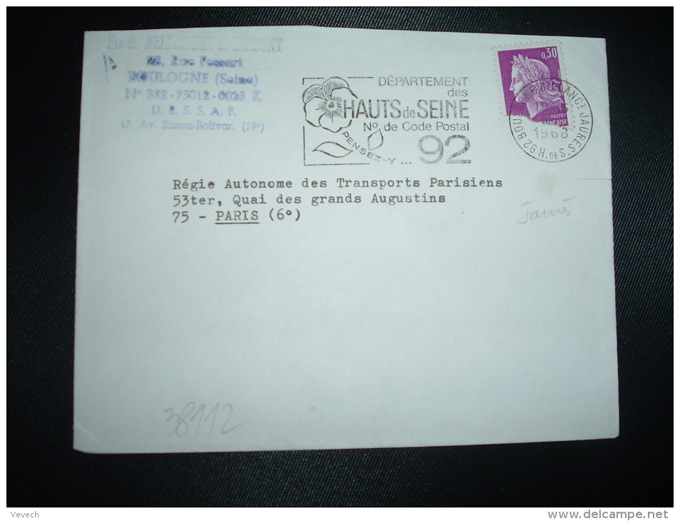 LETTRE TP MARIANNE DE CHEFFER 0,30 OBL.MEC.5-2-1968 BOULOGNE BILLANCOURT (92) N° CODE POSTAL 92 - 1967-1970 Maríanne De Cheffer