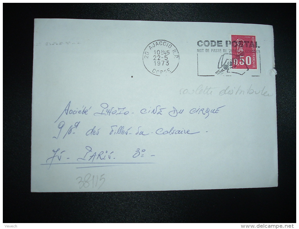 LETTRE TP MARIANNE DE BEQUET 0,50 ROULETTEOBL.MEC.22-5-1973 AJACCIO RP (20 CORSE) CODE POSTAL - 1971-1976 Marianne Of Béquet