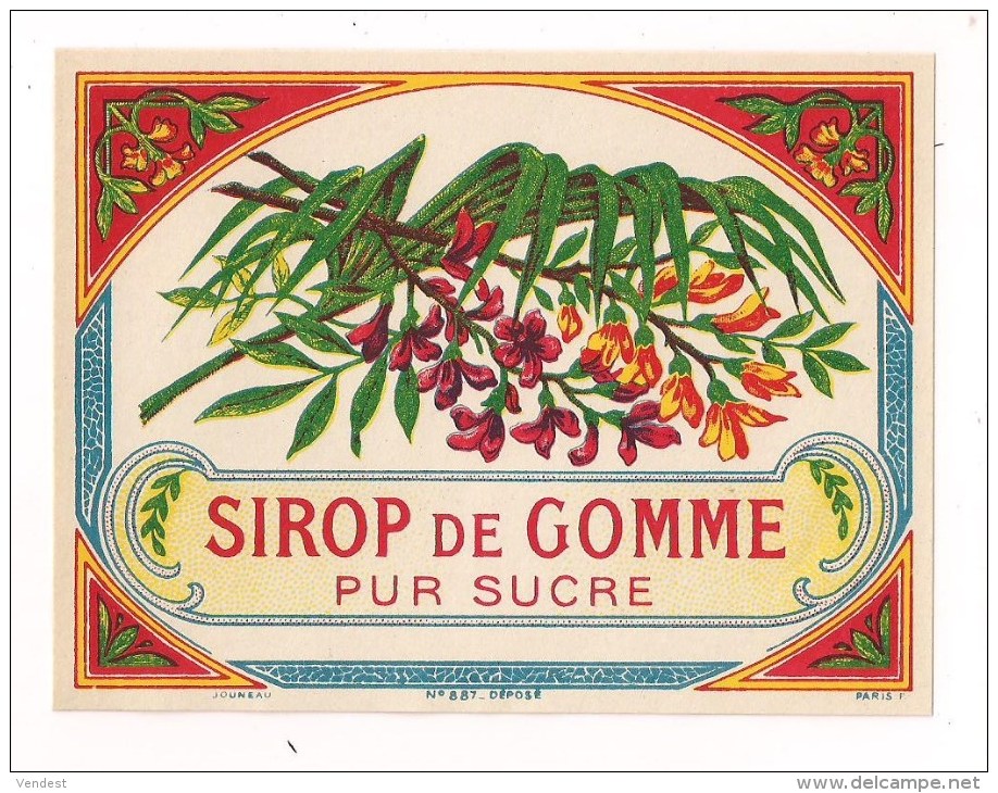 Etiquette Ancienne Sirop De GOMME Pur Sucre -  Imprimeur Jouneau - - Autres & Non Classés
