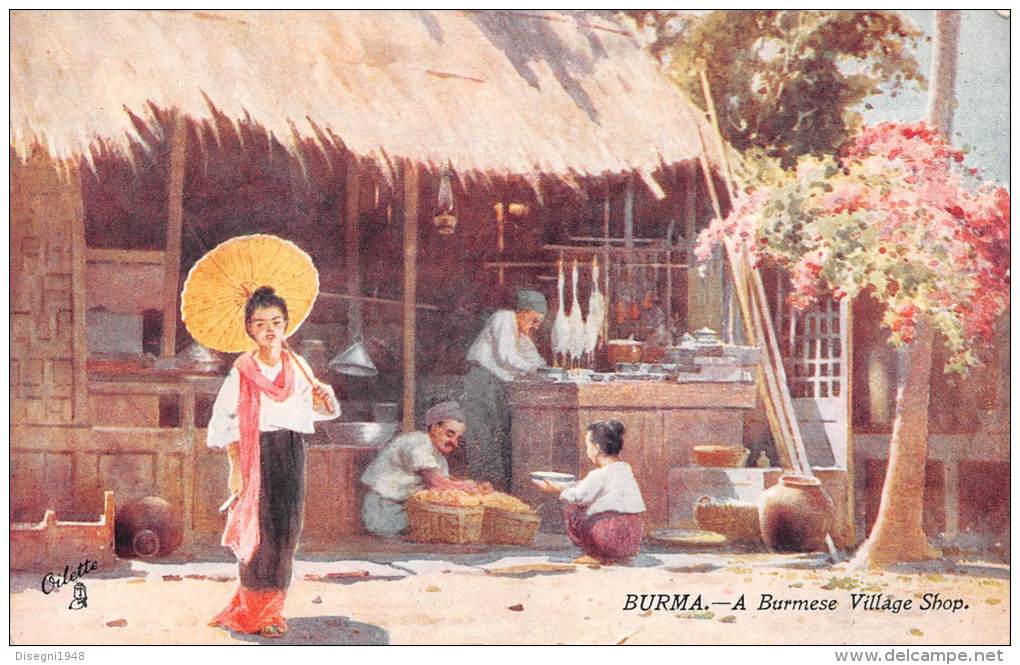 04344 "BURMA - MYANMAR - BIRMANIA - A BURMESE VILLAGE SHOP" ANIMATA. CART. ILLUSTR. ORIG. NON SPEDITA. - Myanmar (Burma)