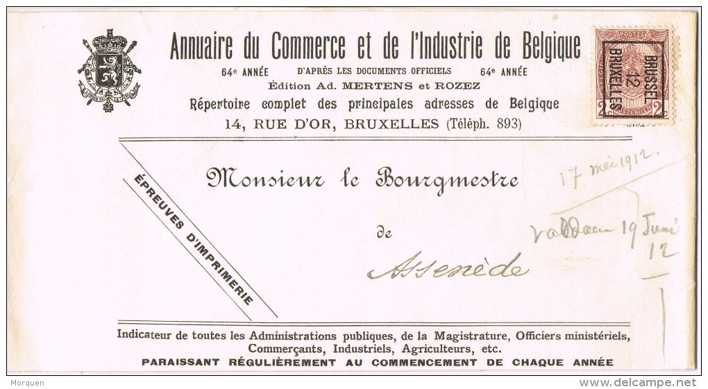 15536. Faja Publicacion Preobliterado  BRUXELLES (Belgien) 1912. Roulotte.Annuaire Du Commerce Et Industrie - Roller Precancels 1910-19