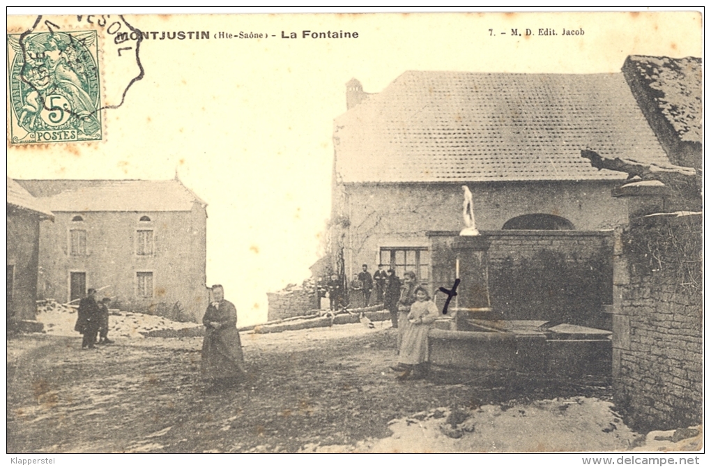 70 - Haute-Saône - MONTJUSTIN - Beau Plan Animé à La Fontaine, 1907 Cachet Train Timbre Taxe - Autres & Non Classés