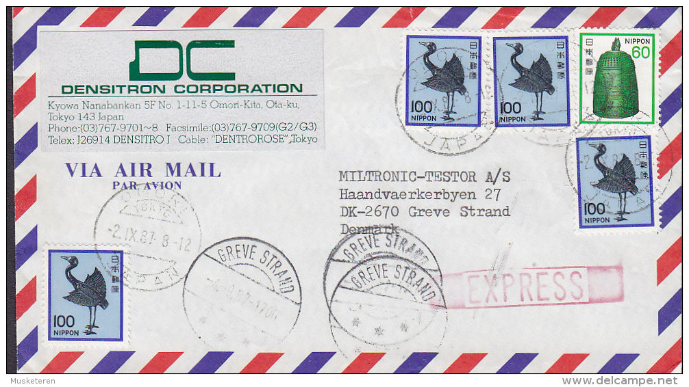 Japan DENSITRON Corp., (Red) EXPRESS Line Cds., OMIRI 1987 Cover Brief GREVE STRAND (Arr.) Denmark (2 Scans) - Airmail